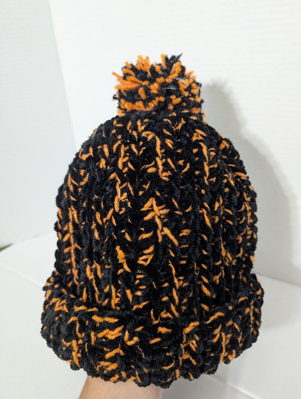 Handmade Chunky Knit Beanie Orange Black Clemson Spirit Pom Halloween